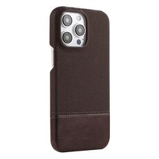Custodia per iPhone 14 Pro Max in PU ibrida con rivestimento in tessuto con cuciture MagSafe e magnete per PC (marrone scuro)