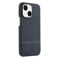 Custodia per iPhone 14 Plus / 15 Plus in PU ibrida con cerniera magnetica e tessuto con cuciture MagSafe (blu scuro)