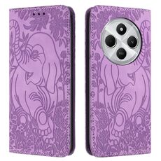 Custodia in pelle goffrata con motivo elefante retrò per Redmi 14C 4G (viola)