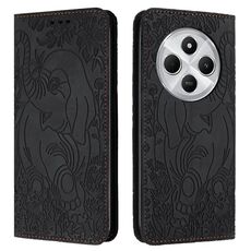 Custodia in pelle goffrata con motivo elefante retrò per Redmi 14C 4G (nera)