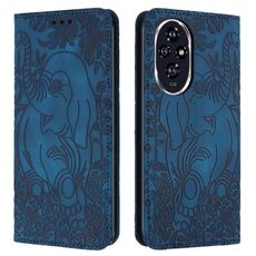 Custodia in pelle goffrata con motivo elefante retrò per Honor 200 Pro (blu)