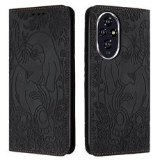 Custodia in pelle goffrata con motivo elefante retrò per Honor 200 Pro (nera)