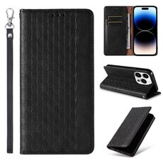 Custodia per telefono in pelle magnetica resistente con motivo intrecciato in rilievo per iPhone 16 Pro (nera)
