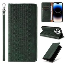 Custodia per iPhone 16 Pro in pelle magnetica resistente e intrecciata in rilievo (verde)