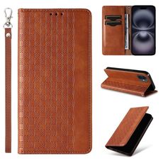 Custodia per telefono in pelle magnetica resistente con motivo intrecciato in rilievo per iPhone 16 Plus (marrone)