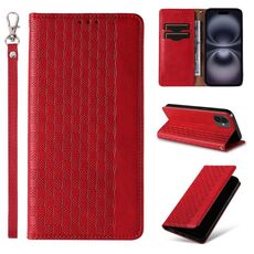 Custodia per telefono in pelle magnetica resistente con motivo intrecciato in rilievo per iPhone 16 Plus (rossa)