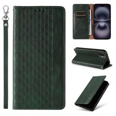 Custodia per telefono in pelle magnetica resistente con motivo intrecciato in rilievo per iPhone 16 Plus (verde)