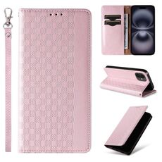 Custodia per iPhone 16 Plus in pelle magnetica resistente con motivo intrecciato in rilievo (oro rosa)