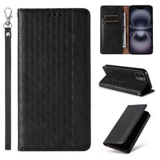 Custodia per iPhone 16 in pelle magnetica resistente con motivo intrecciato in rilievo (nera)