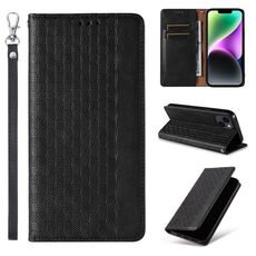 Custodia per iPhone 14 Plus in pelle magnetica resistente con motivo intrecciato in rilievo (nera)