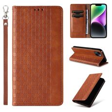 Custodia per iPhone 14 Plus in pelle magnetica resistente con motivo intrecciato in rilievo (marrone)