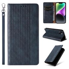 Custodia per telefono in pelle magnetica resistente con motivo intrecciato in rilievo per iPhone 14 Plus (blu)