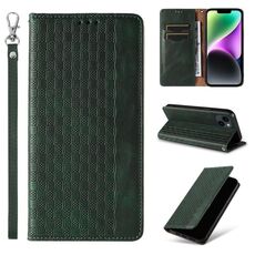 Custodia per iPhone 14 Plus in pelle magnetica resistente con motivo intrecciato in rilievo (verde)