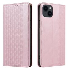 Custodia per iPhone 14 Plus in pelle magnetica resistente con motivo intrecciato in rilievo (oro rosa)