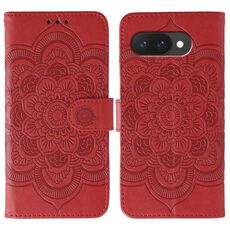 Custodia in pelle per telefono con motivo in rilievo Sun Mandala per Google Pixel 9a (rosso)