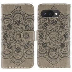 Custodia in pelle con motivo in rilievo Sun Mandala per Google Pixel 9a (grigio)