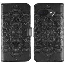 Custodia in pelle con motivo in rilievo Sun Mandala per Google Pixel 9a (nera)