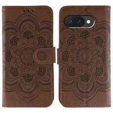 Custodia in pelle per telefono con motivo in rilievo Sun Mandala per Google Pixel 9a (marrone)