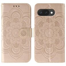 Custodia in pelle per telefono con motivo in rilievo Sun Mandala per Google Pixel 9a (oro rosa)