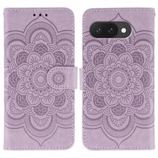Custodia in pelle per telefono con motivo in rilievo Sun Mandala per Google Pixel 9a (viola)