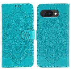 Custodia in pelle per telefono con motivo in rilievo Sun Mandala per Google Pixel 9a (blu)