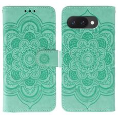 Custodia in pelle per telefono con motivo in rilievo Sun Mandala per Google Pixel 9a (verde)