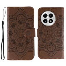 Custodia in pelle con motivo a rilievo Sun Mandala per OnePlus 13 (marrone)
