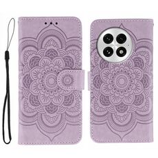 Custodia in pelle per telefono OnePlus 13 con motivo a rilievo Sun Mandala (viola)