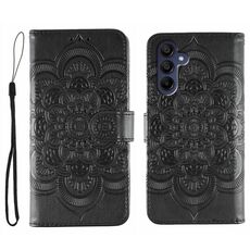 Custodia in pelle con motivo in rilievo Mandala solare per Samsung Galaxy A16/A26 (nera)