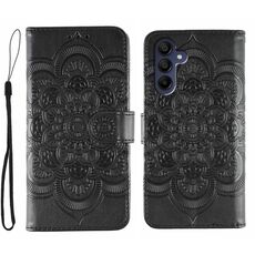 Custodia in pelle con motivo a rilievo Sun Mandala per Samsung Galaxy A25 (nera)
