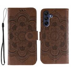 Custodia in pelle con motivo in rilievo Sun Mandala per Samsung Galaxy A25 (marrone)
