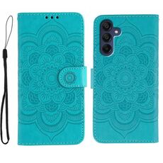 Custodia in pelle con motivo a rilievo Sun Mandala per Samsung Galaxy A25 (blu)
