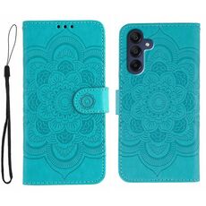 Custodia in pelle per telefono Samsung Galaxy A36 con motivo a rilievo Sun Mandala (blu)