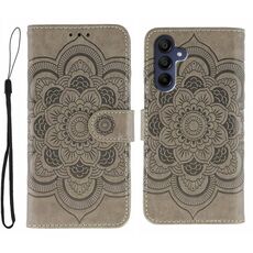 Custodia in pelle con motivo in rilievo Mandala solare per Samsung Galaxy A56 (grigio)