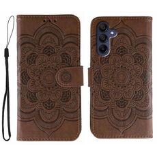 Custodia in pelle con motivo in rilievo Sun Mandala per Samsung Galaxy S25+ / S24+ 5G (marrone)