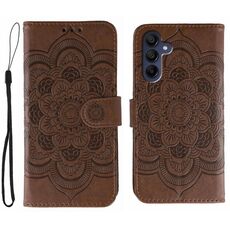 Custodia in pelle con motivo in rilievo Sun Mandala per Samsung Galaxy S25 / S24 5G (marrone)