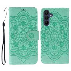 Custodia in pelle con motivo in rilievo Sun Mandala per Samsung Galaxy S25 / S24 5G (verde)