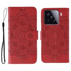 Custodia in pelle per telefono Xiaomi 15 Sun Mandala con motivo in rilievo (rosso)