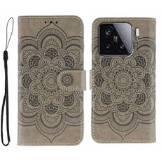 Custodia in pelle per telefono Xiaomi 15 Sun Mandala con motivo in rilievo (grigio)