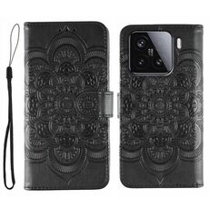 Custodia in pelle per telefono Xiaomi 15 Sun Mandala con motivo in rilievo (nero)