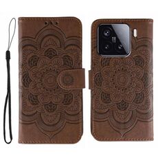 Custodia in pelle per telefono Xiaomi 15 Sun Mandala con motivo in rilievo (marrone)