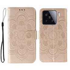 Custodia in pelle per telefono Xiaomi 15 Sun Mandala con motivo in rilievo (oro rosa)