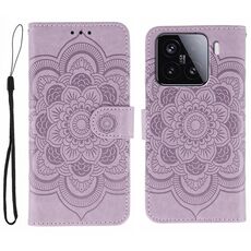 Custodia in pelle per telefono Xiaomi 15 Sun Mandala con motivo in rilievo (viola)