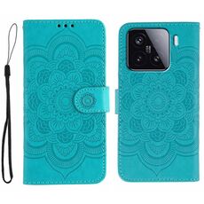 Custodia in pelle per telefono Xiaomi 15 Sun Mandala con motivo in rilievo (blu)