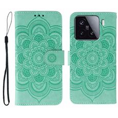 Custodia in pelle per telefono Xiaomi 15 Sun Mandala con motivo in rilievo (verde)