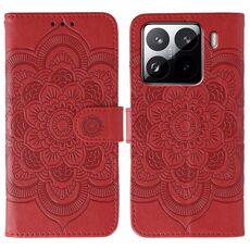 Custodia in pelle con motivo a rilievo Sun Mandala per Xiaomi 15 Pro (rossa)