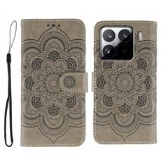 Custodia in pelle con motivo a rilievo Sun Mandala per Xiaomi 15 Pro (grigio)