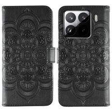 Custodia in pelle con motivo a rilievo Sun Mandala per Xiaomi 15 Pro (nera)