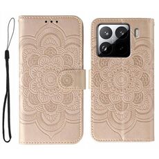 Custodia in pelle per telefono con motivo in rilievo Sun Mandala per Xiaomi 15 Pro (oro rosa)