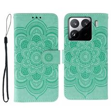 Custodia in pelle con motivo a rilievo Sun Mandala per Xiaomi 15 Pro (verde)